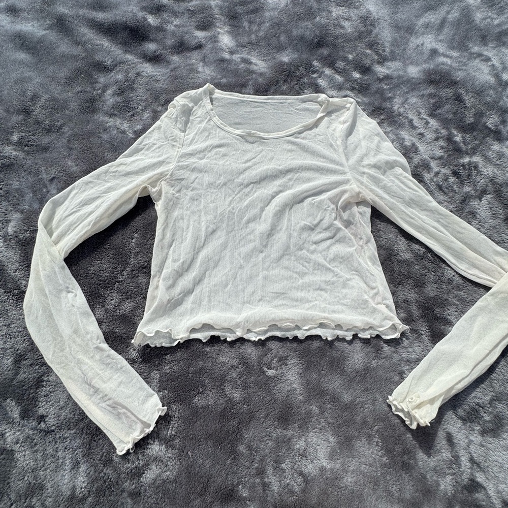 Aerie White Long Sleeve Mesh Top Sheer+Ruffled Hem🤍